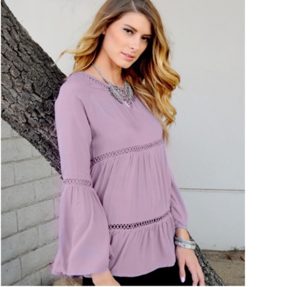 Haute Society Lavender Boho Bell Sleeve Top XS | Flowy Peasant Blouse
